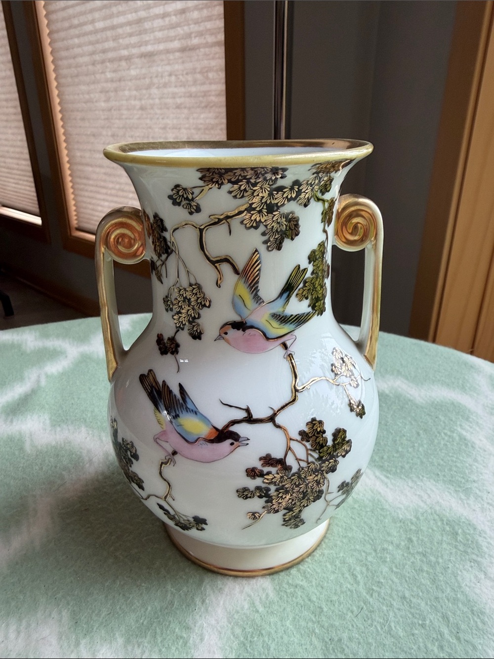 Vintage Nippon Hand Painted Porcelain White Vase with Gold Accents Pastel Birds